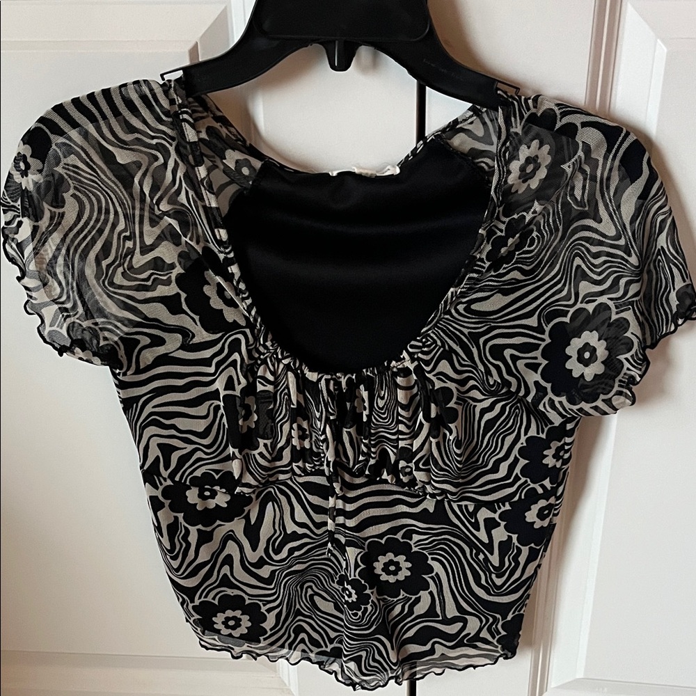 Moa Moa Black and Beige Sheer Floral Blouse